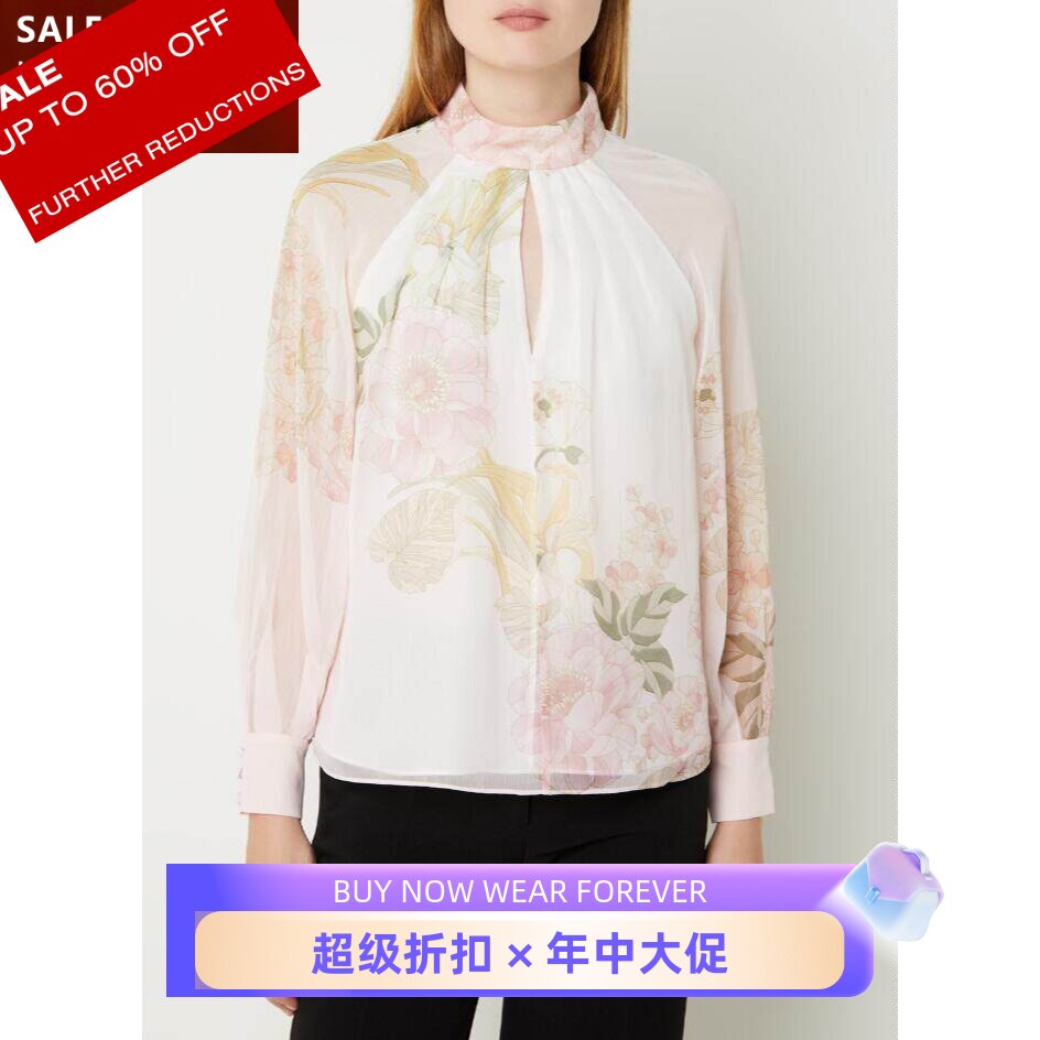 英国品牌长袖衬衫衬衣纱网雪纺印花优雅淑女通勤休闲气质百搭