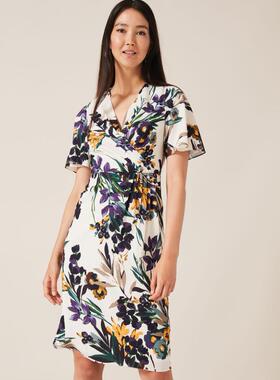 Phase Eight短袖连衣裙一步裙白底碎花印花V领清新百搭淑女褶皱