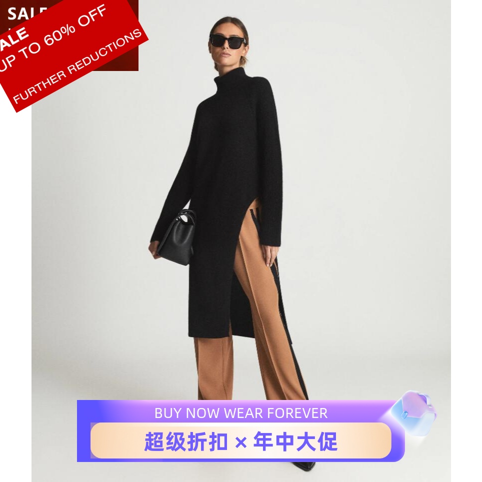 REISS羊毛针织长袖连衣裙黑色高领直筒侧开衩羊绒混纺中长通勤OL