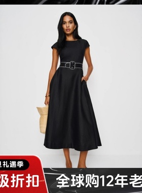 UNI CLOSET黑色亚麻连衣裙A字中长款纯色配腰带简约气质百搭通勤