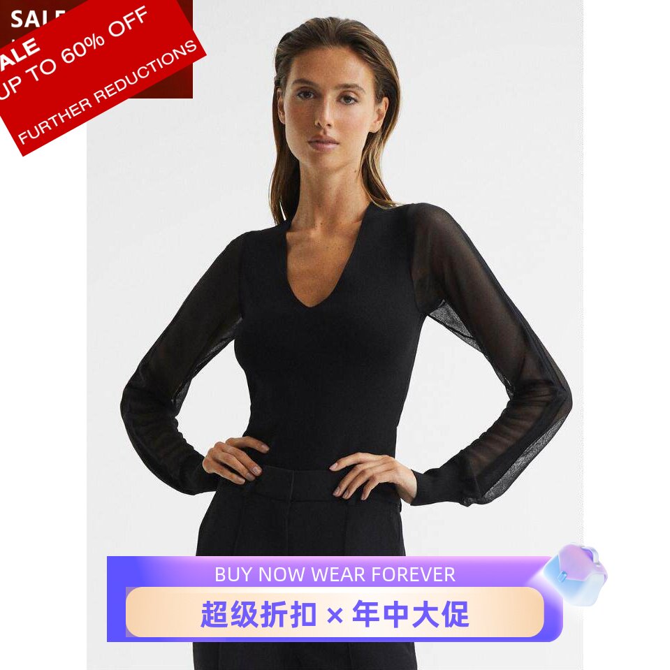 REISS短款黑色纱网袖针织衫