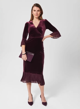 HOBBS长袖丝绒连衣裙鱼尾裙七分袖中长款V领高腰修身优雅气质名媛