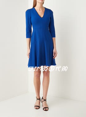 Phase Eight七分袖连衣裙宝蓝色A字修身V领淑女通勤OL百搭显瘦