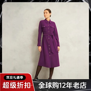 HOBBS长袖连衣裙衬衫裙紫罗兰色系带金属纽扣优雅气质修身显瘦