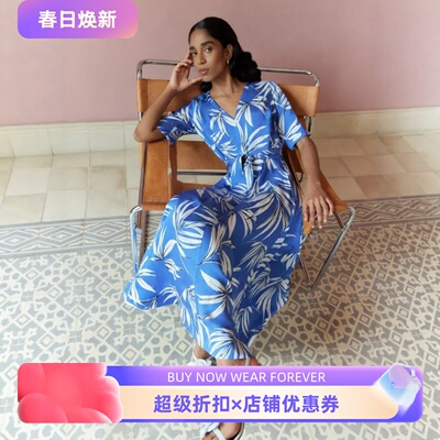 HOBBS短袖连衣裙中长系带印花浅蓝色休闲气质度假百搭舒适