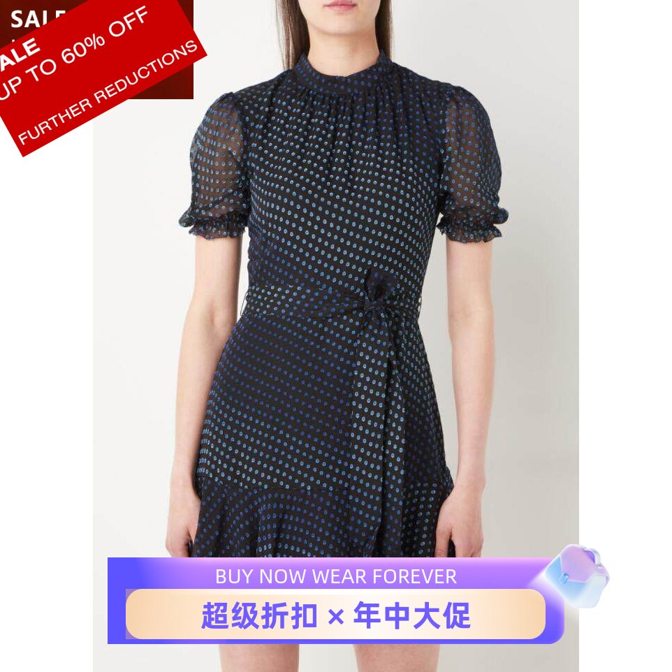 WHISTLES短袖真丝连衣裙深蓝A字系带波点修身渐变气质英伦百搭