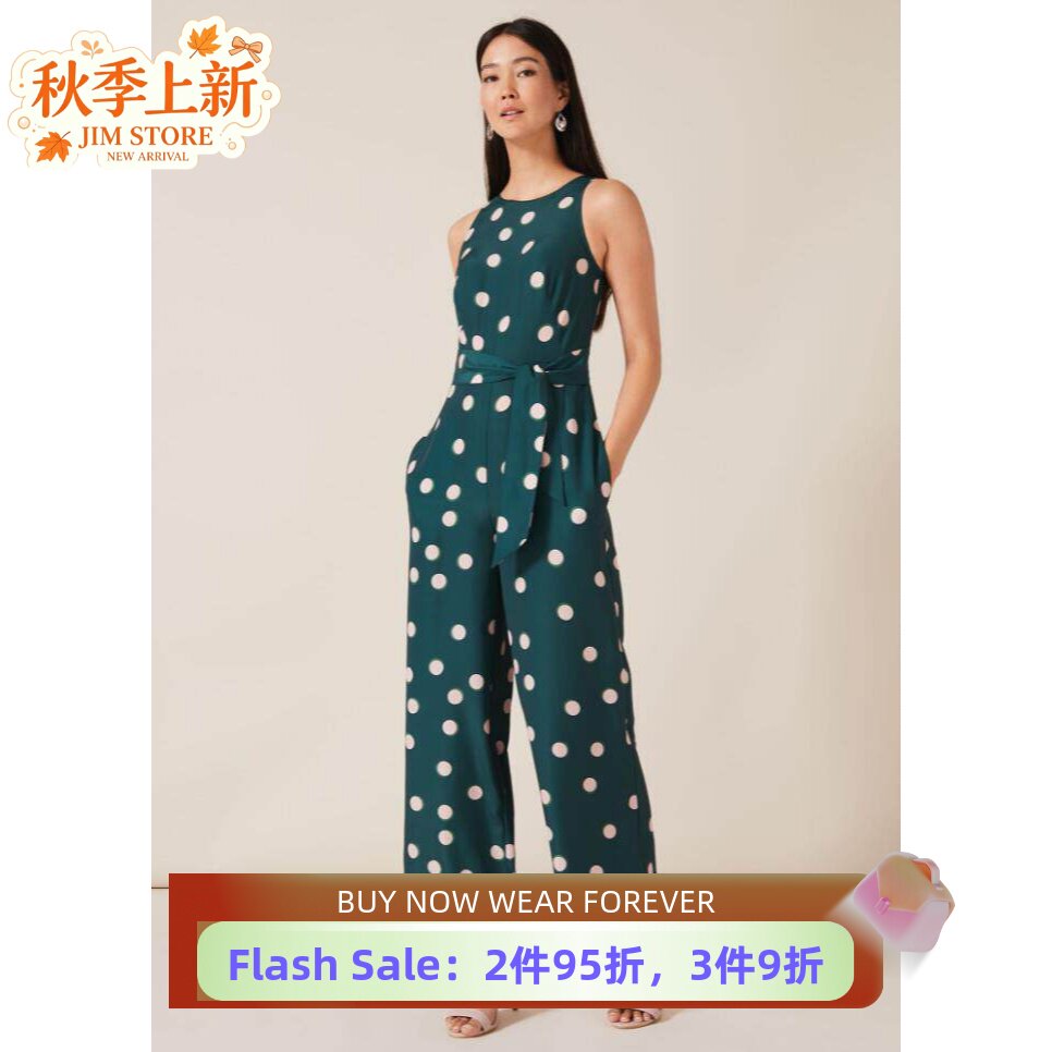 波点无袖直筒系带束腰百搭连体裤