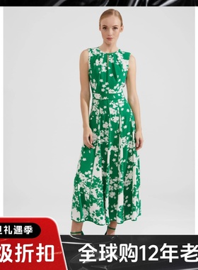 HOBBS连衣裙百褶裙绿色碎花印花中长裙碎花高腰修身清新淑女英伦