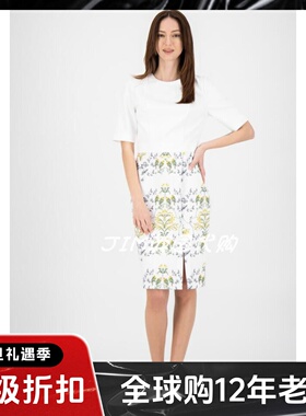 TED BAKER短袖包臀连衣裙拼色白色印花束腰铅笔裙修身通勤OL百搭