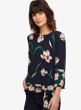 Phase Eight长袖衬衫衬衣藏蓝印花碎花系带优雅英伦风气质显瘦