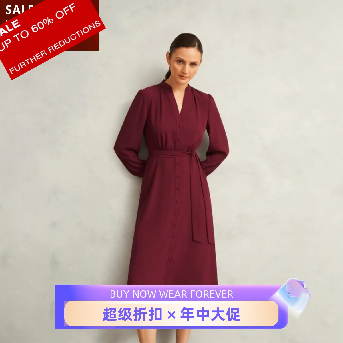 HOBBS长袖连衣裙一步裙中长酒红色纯色系带V领通勤OL气质百搭