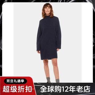 WHISTLES藏蓝长袖连衣裙羊毛针织裙直筒一步裙半高领英伦休闲百搭