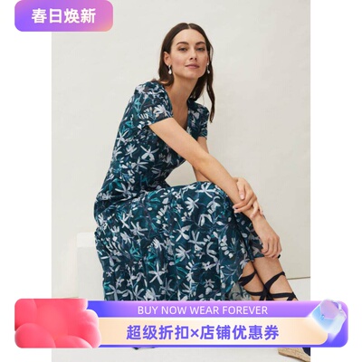 Phase Eight短袖雪纺连衣裙中长A字深蓝碎花优雅英伦气质百搭显瘦