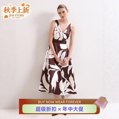 Phase Eight连衣裙礼服裙中长大摆无袖V领棕色印花高腰修身优雅