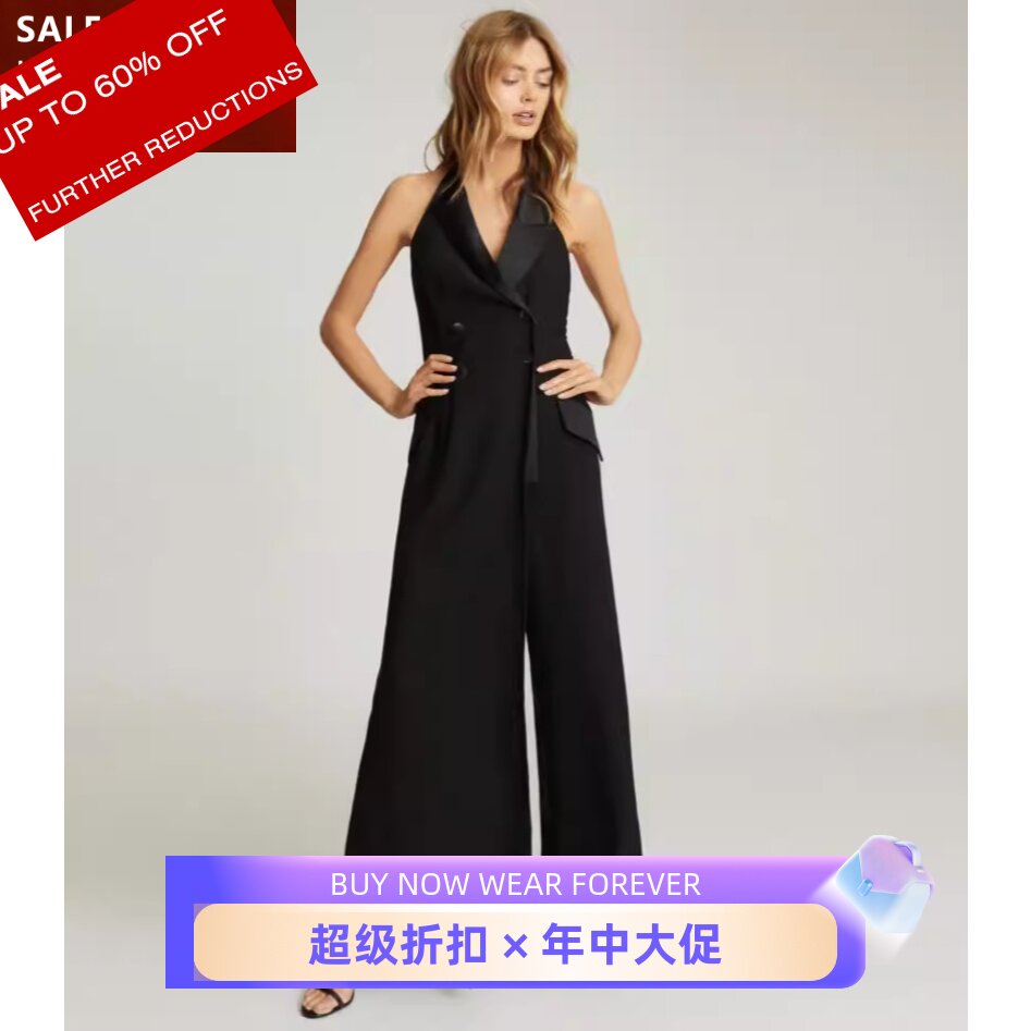 REISS黑西服领双排扣阔腿连体裤