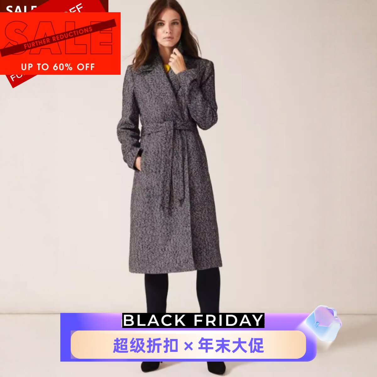 Phase Eight女大衣外套中长灰黑色西服领系带中长气质英伦通勤