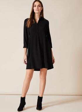 Phase Eight长袖连衣裙衬衫裙一步裙黑色抽带设计简约气质百搭