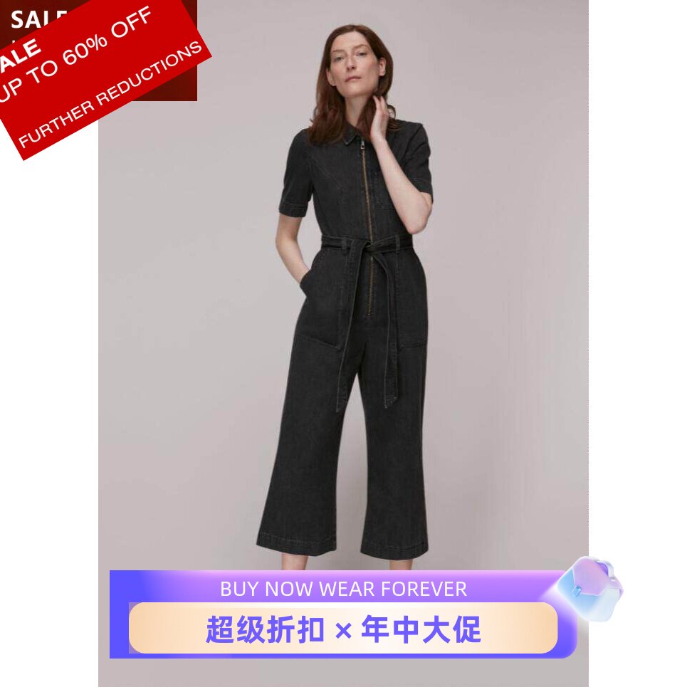 衬衫领系带拉链英伦牛仔连体裤