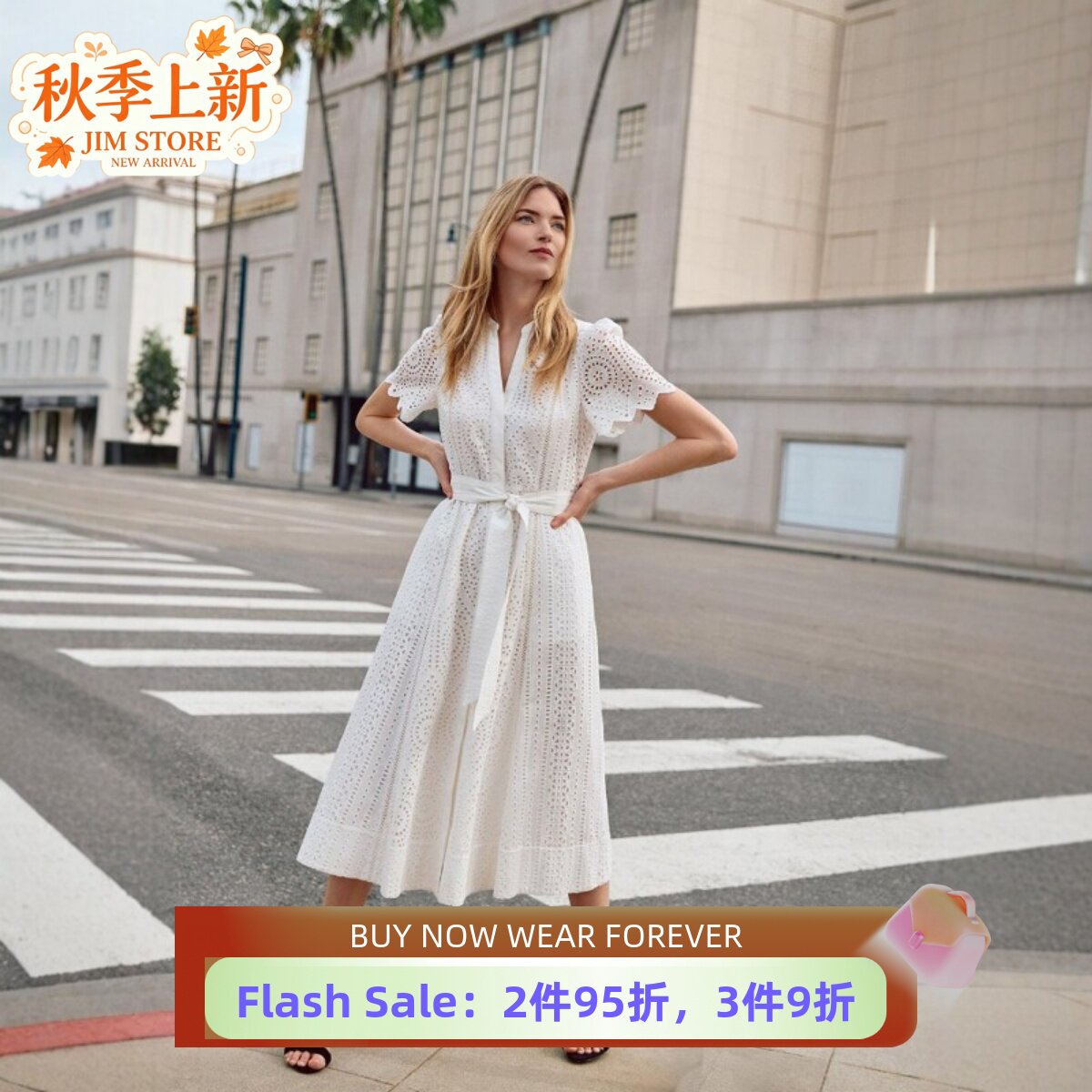 Phase Eight白色短袖蕾丝连衣裙中长衬衫裙系带重工镂空简约优雅