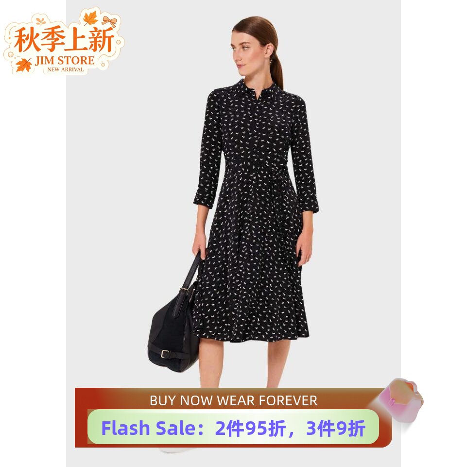 HOBBS长袖连衣裙衬衫裙中长藏蓝小狗印花系带修身气质英伦通勤OL