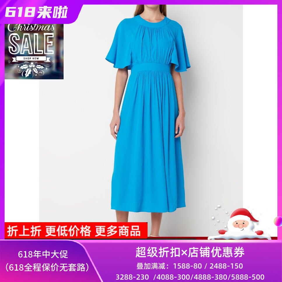 WHISTLES短袖浅蓝连衣裙飘逸英伦