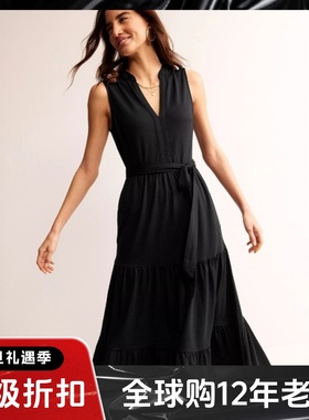 UNI CLOSET黑色连衣裙无袖中长款系带纯色V领修身显瘦休闲日常