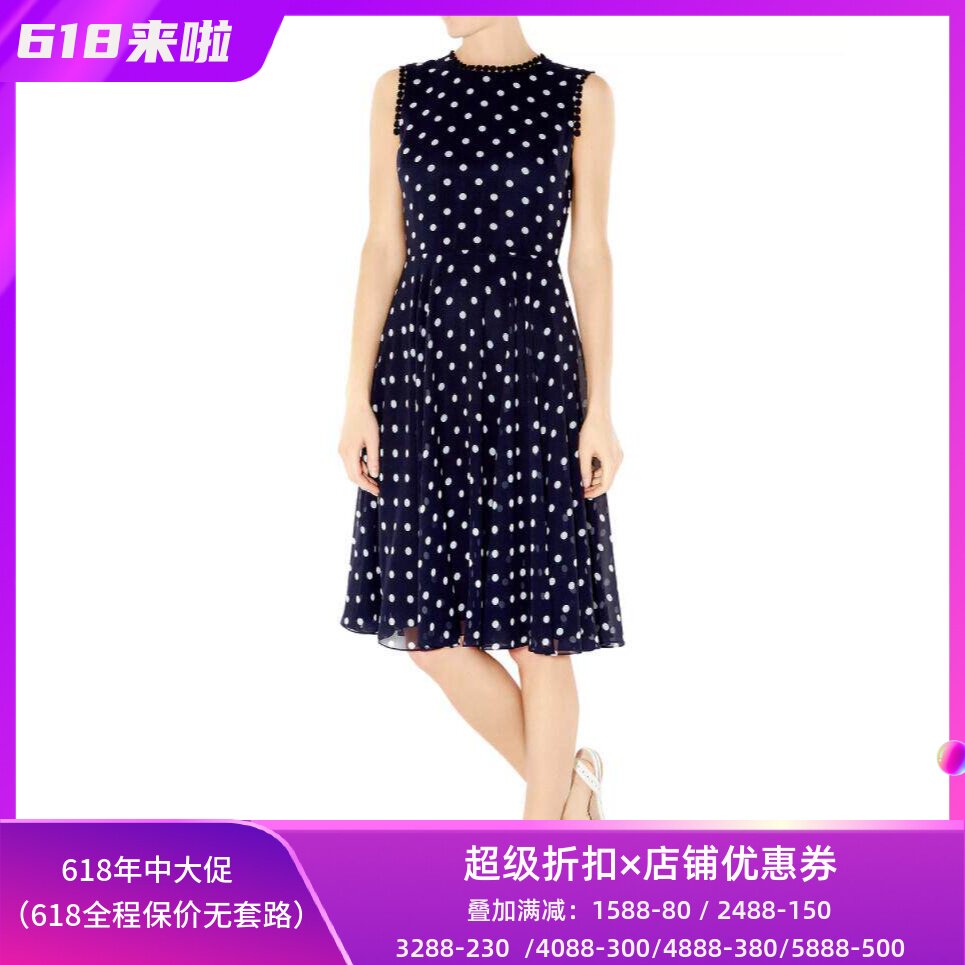 HOBBS连衣裙雪纺裙藏蓝波点中长A字无袖高腰修身英伦气质通勤百搭