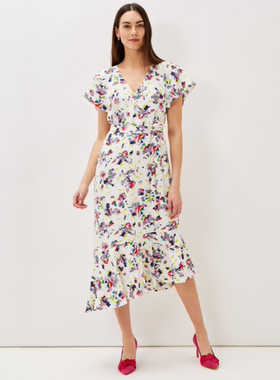 Phase Eight短袖连衣裙碎花印花中长斜摆系带修饰清新淑女优雅