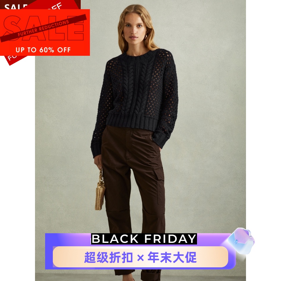 REISS藏蓝针织衫毛衣短款圆领钩花网洞简约淑女日常通勤百搭