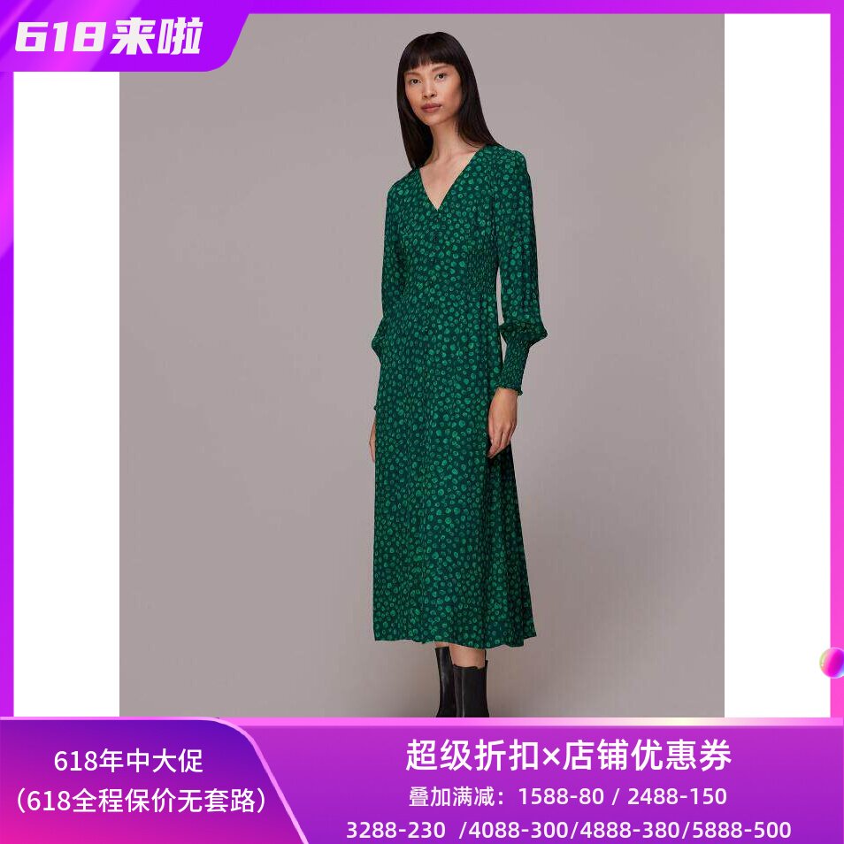 WHISTLES长袖墨绿波点连衣裙优雅