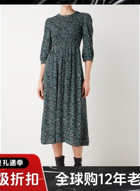 WHISTLES长袖碎花连衣裙中长高腰深色复古英伦风气质优雅百搭显瘦