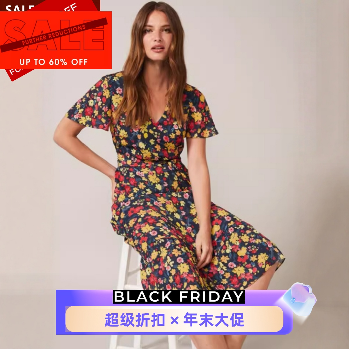 Phase Eight短袖连衣裙中长碎花A字系带修身优雅英伦淑女百搭显瘦