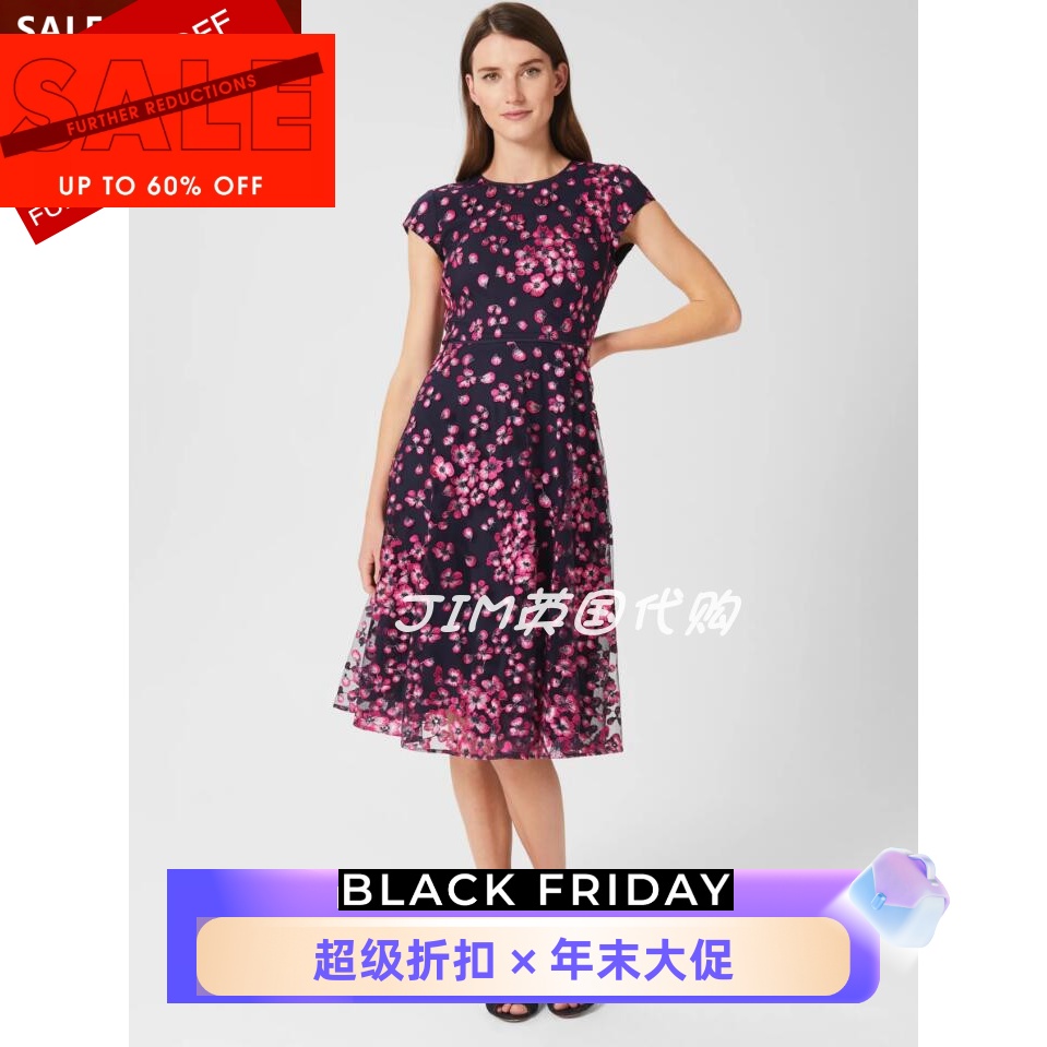 HOBBS藏蓝刺绣连衣裙中优雅百搭