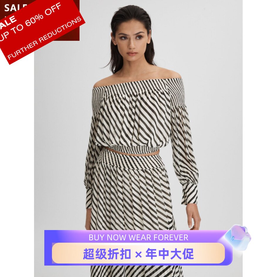 REISS一字领上衣黑白条纹短款长袖轻薄雪纺气质休闲度假风百搭
