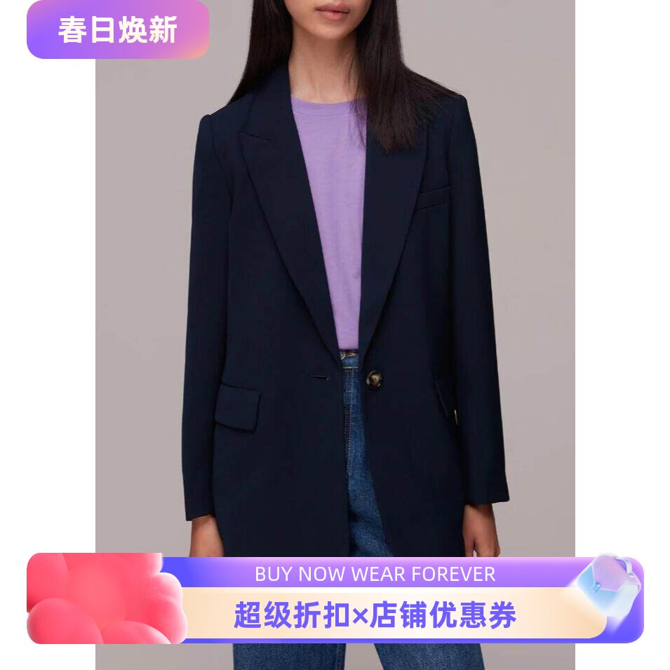 WHISTLES藏蓝色西服西装外套一粒扣中长款宽松通勤气质OL百搭干练