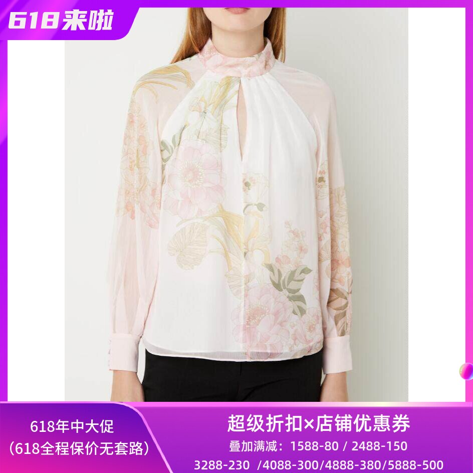 英国品牌长袖衬衫衬衣纱网雪纺印花优雅淑女通勤休闲气质百搭