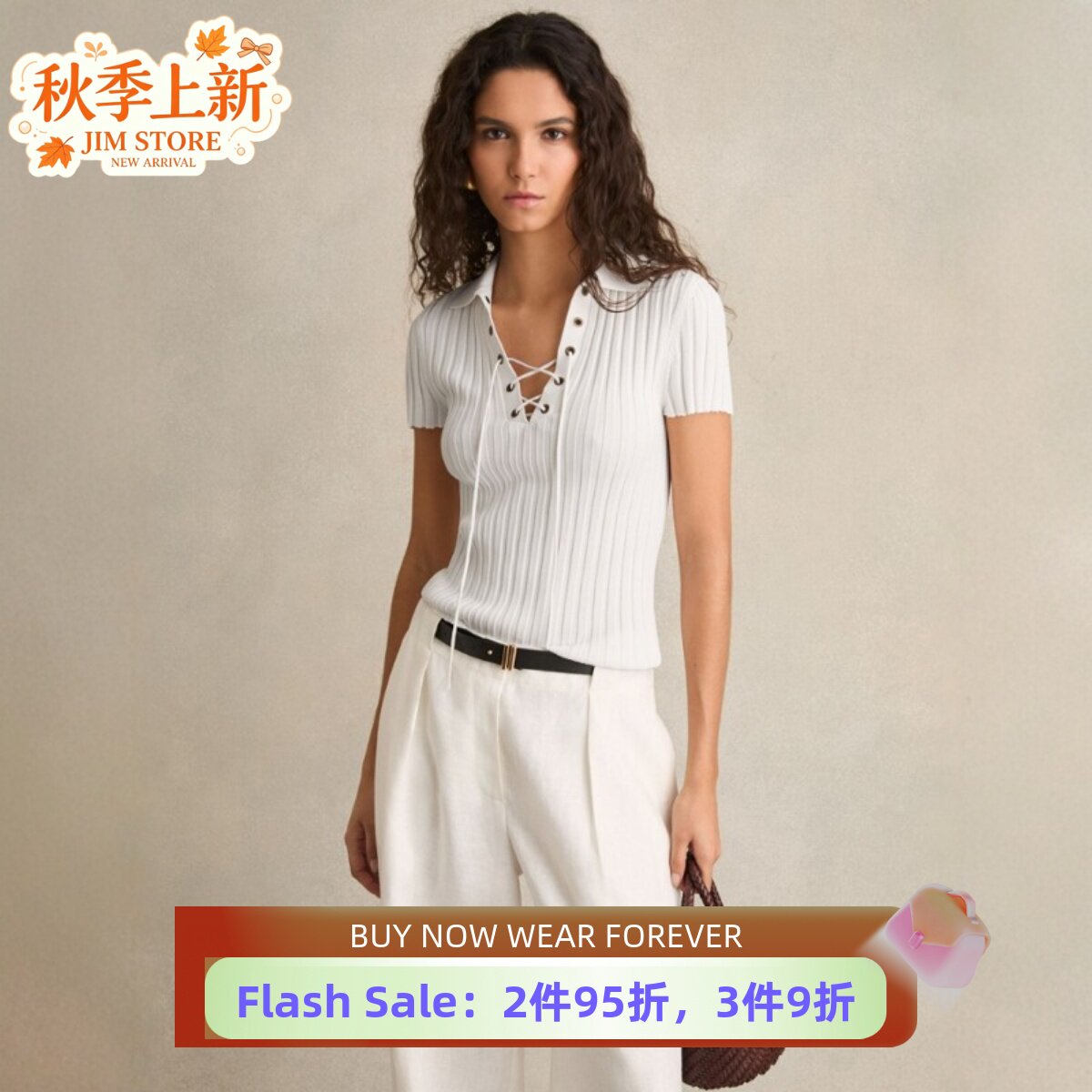 REISS白色短袖针织POLO衫绑带领口纯色竖坑条弹力舒适修身淑女OL