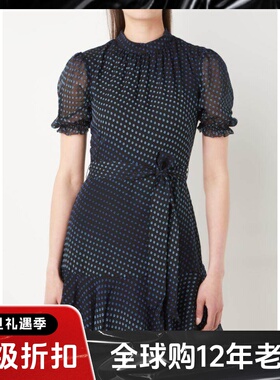 WHISTLES短袖真丝连衣裙深蓝A字系带波点修身渐变气质英伦百搭