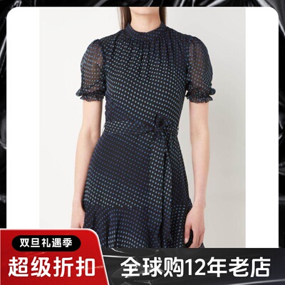 WHISTLES短袖真丝连衣裙深蓝A字系带波点修身渐变气质英伦百搭