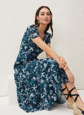 Phase Eight短袖雪纺连衣裙中长A字深蓝碎花优雅英伦气质百搭显瘦
