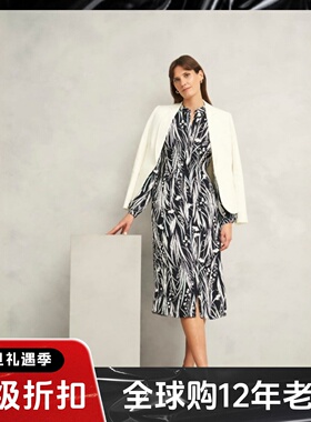 HOBBS长袖连衣裙藏蓝圆领中长款英伦白色条纹印花优雅大气显瘦