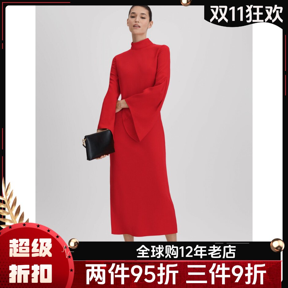 REISS红色连衣裙礼服裙中长裙纯色侧开衩喇叭袖半高领优雅大气