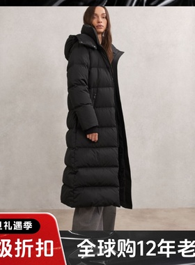 REISS黑色长款羽绒服Puffer Coat配腰带连帽高领保暖防风气质显瘦