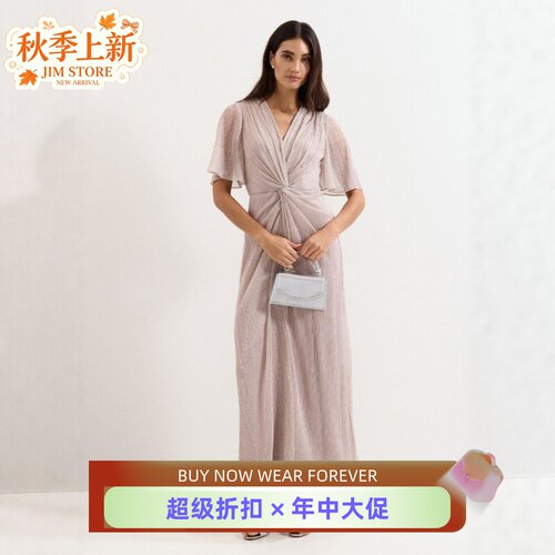 Phase Eight短袖长裙礼服裙金属色扭结褶皱V领高腰修身优雅名媛