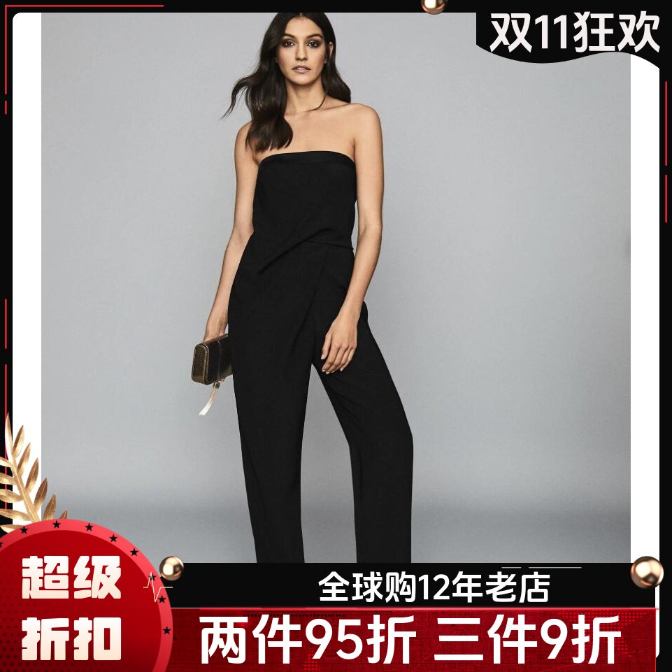 REISS春夏新款连体裤连衣裤黑色阔腿裤长裤裹胸礼服款气质名媛