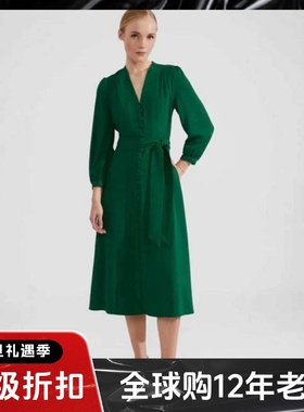 HOBBS长袖连衣裙深绿色V领中长系带纽扣优雅英伦风修身显瘦百搭