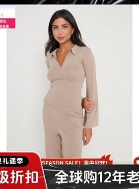 PERTTY LAVISH浅驼色短款针织上衣衬衫领喇叭袖简约气质百搭通勤