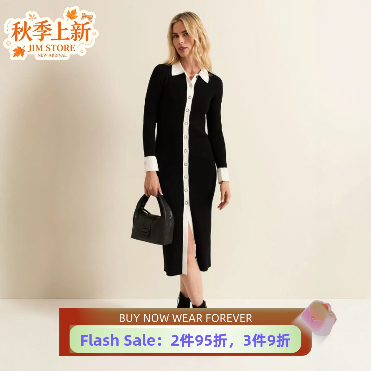 Phase Eight长袖连衣裙中长款H型衬衫领白色拼色优雅大气显瘦修身