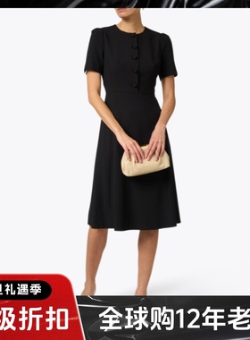 UNI CLOSET短袖黑色连衣裙中长款高腰A字纽扣优雅淑女英伦通勤OL