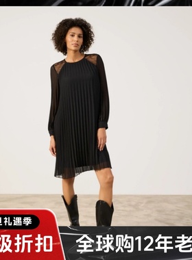 UNI CLOSET黑色长袖百褶连衣裙肩部镂空纯色气质通勤OL大气百搭